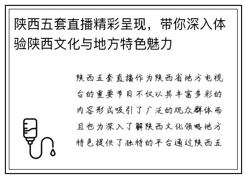 陕西五套直播精彩呈现，带你深入体验陕西文化与地方特色魅力
