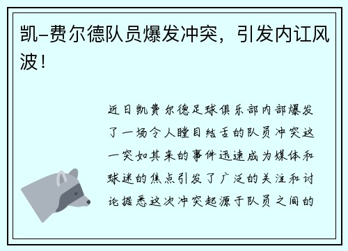 凯-费尔德队员爆发冲突，引发内讧风波！