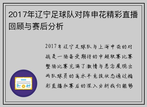 2017年辽宁足球队对阵申花精彩直播回顾与赛后分析
